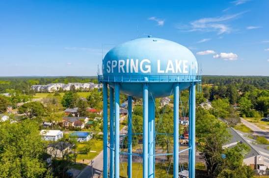 Spring Lake water tower rising above tree-lined residential streets on a clear day