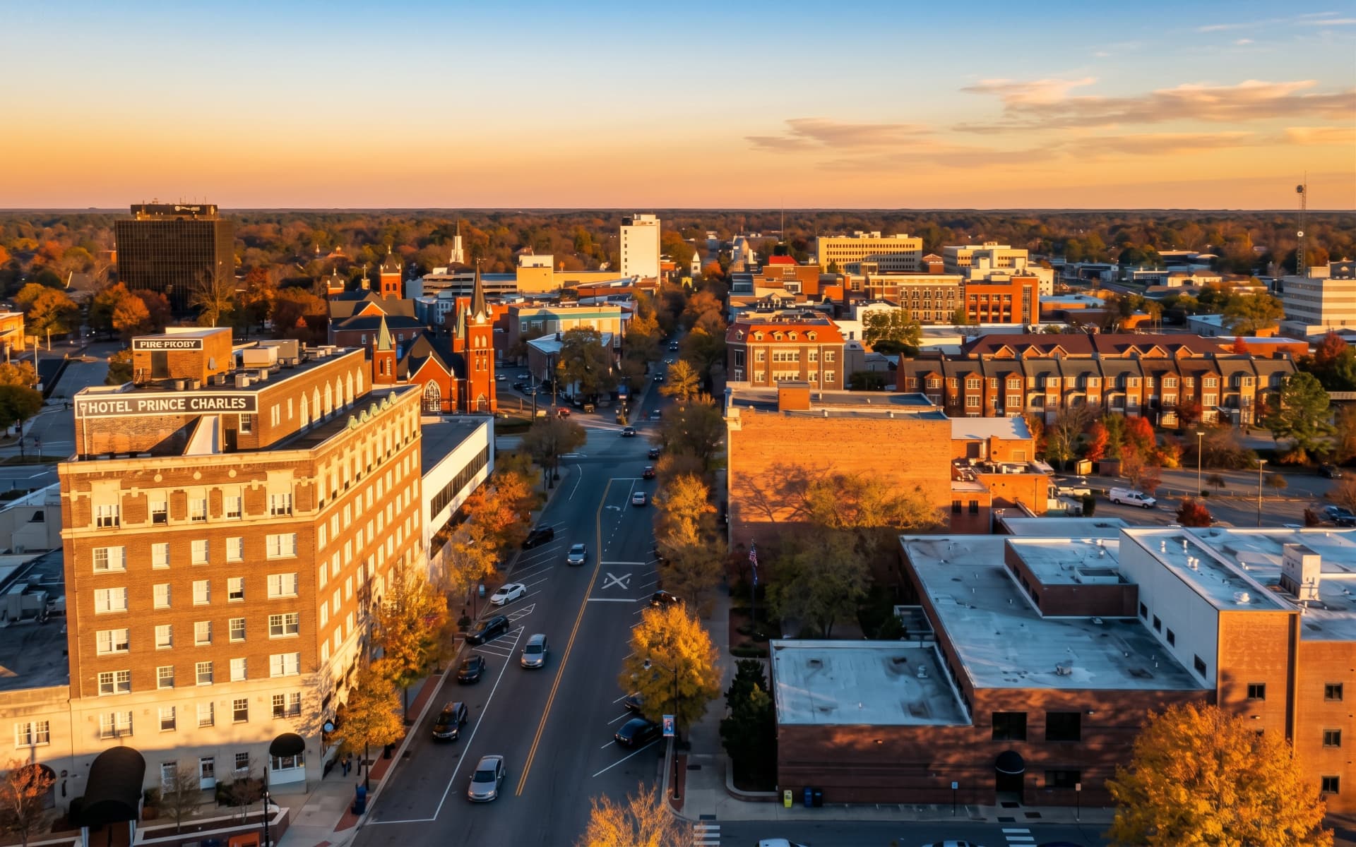 Downtown Fayetteville, North Carolina, seen from above at sunset